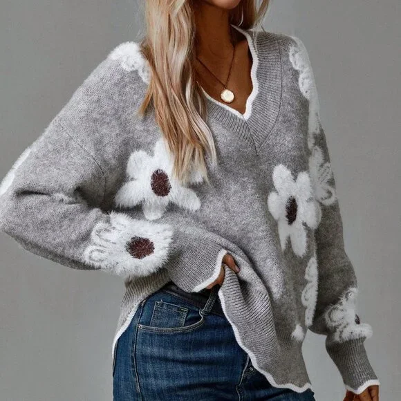 Grey Casual Women's Floral Pattern Easter Family Sweater - Picture 2 of 5